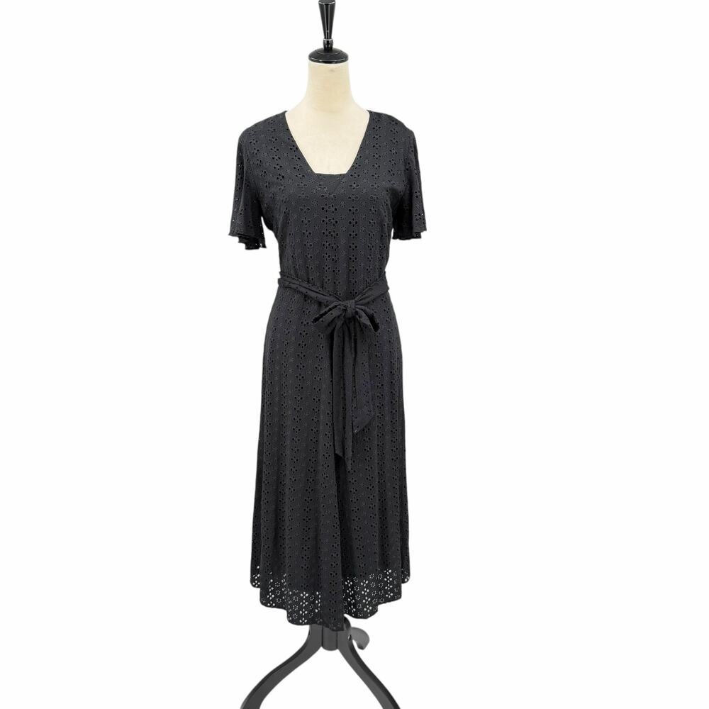 Preston & York Black Eyelet Belted Flutter Sleeve Boho Hippie Midi Dress